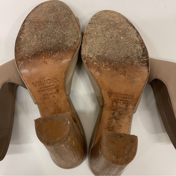 Vince Addie Taupe Tan Nude Buckle Open Toe Leather Heels 9.5 - Picture 13 of 14